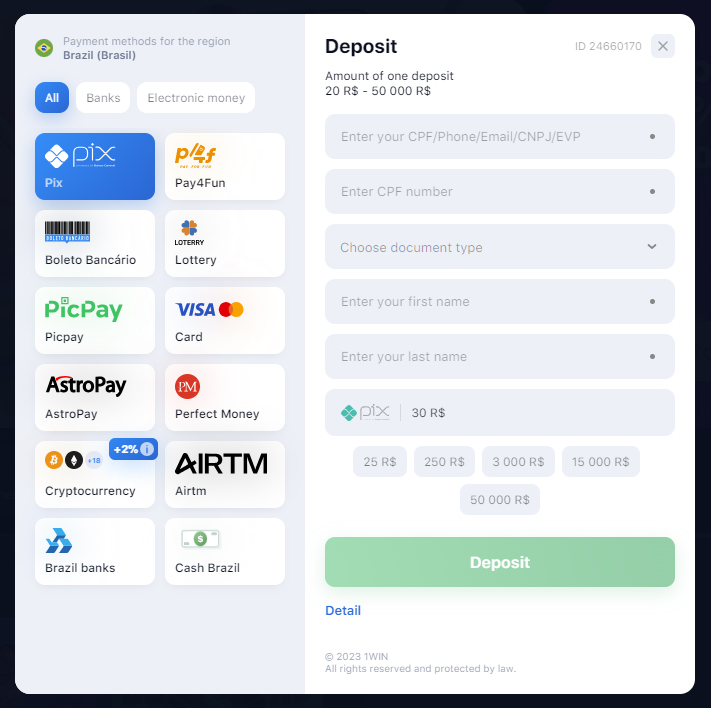 1win crazy time deposito